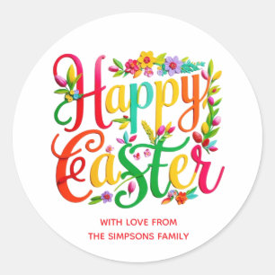 Stylish Colorful Floral Happy Easter Classic Round Sticker