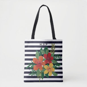 Stylish Colorful Floral on Black and White Stripes Tote Bag