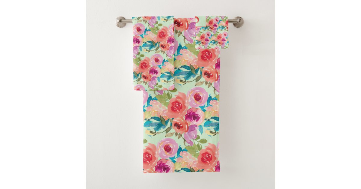 Stylish Colorful Pink Purple Floral Mint Green Bath Towel Set Zazzle 