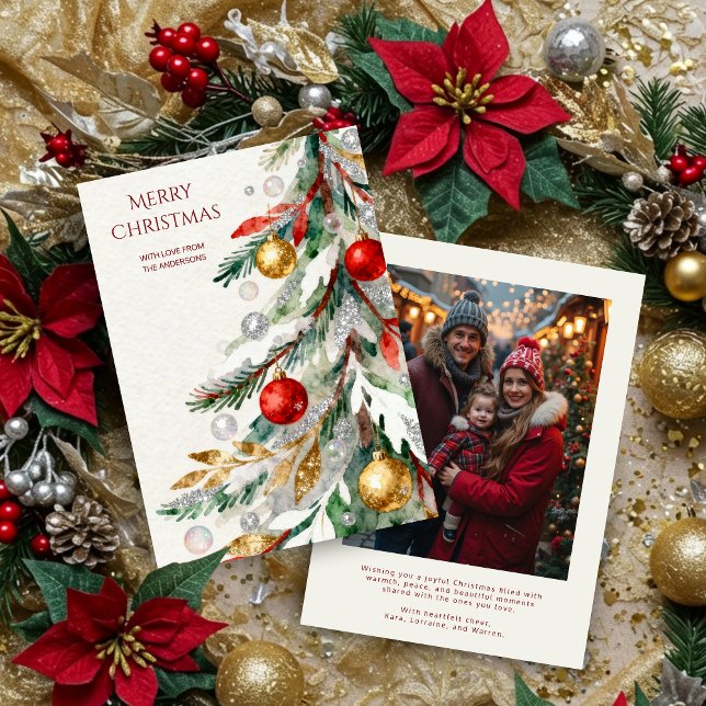 Stylish Colorful Splendid Glitter Christmas Tree Holiday Card (Stylish Colorful Vibrant Glitter Christmas Tree Holidays Cards with Back Family Photo.)