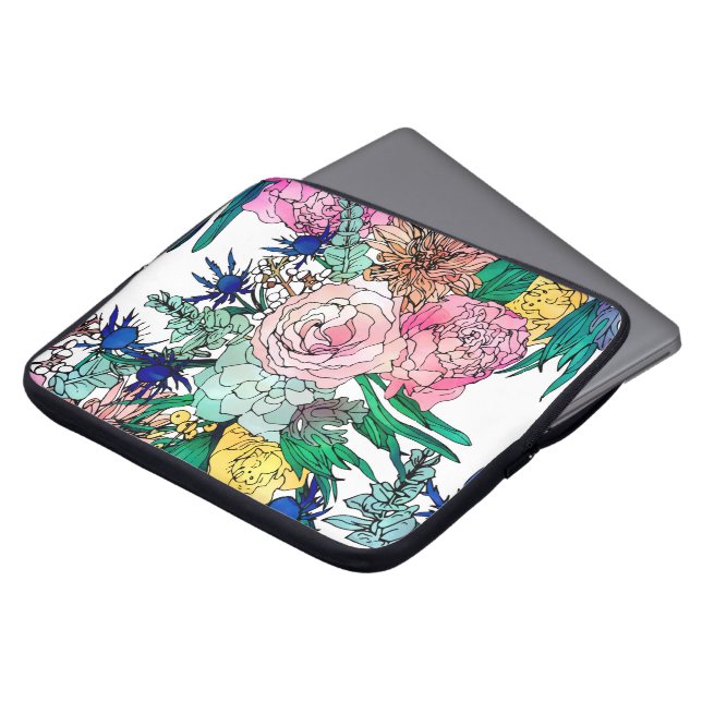 Stylish Colorful Watercolor Floral Pattern Laptop Sleeve (Front Top)