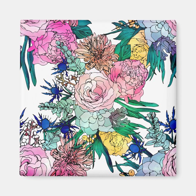 Stylish Colorful Watercolor Floral Pattern Magnet (Front)