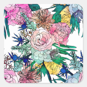 Stylish Colorful Watercolor Floral Pattern Square Sticker