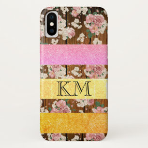 Stylish Colour Glitter with Monogram Wood & Flower iPhone X Case