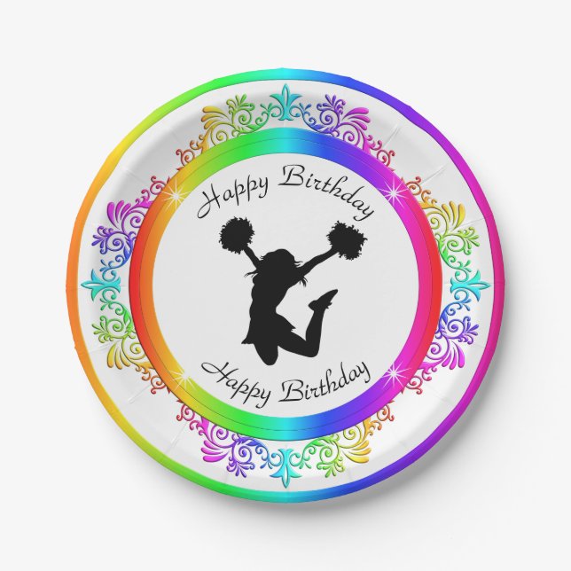 Stylish Colourful Embellished Cheerleader Birthday Paper Plate (Front)