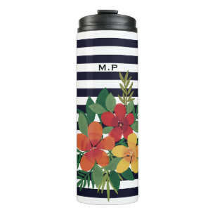 Stylish Colourful Floral on Black and White Stripe Thermal Tumbler