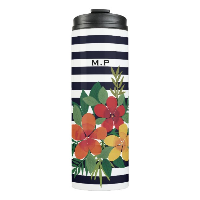 Stylish Colourful Floral on Black and White Stripe Thermal Tumbler (Front)