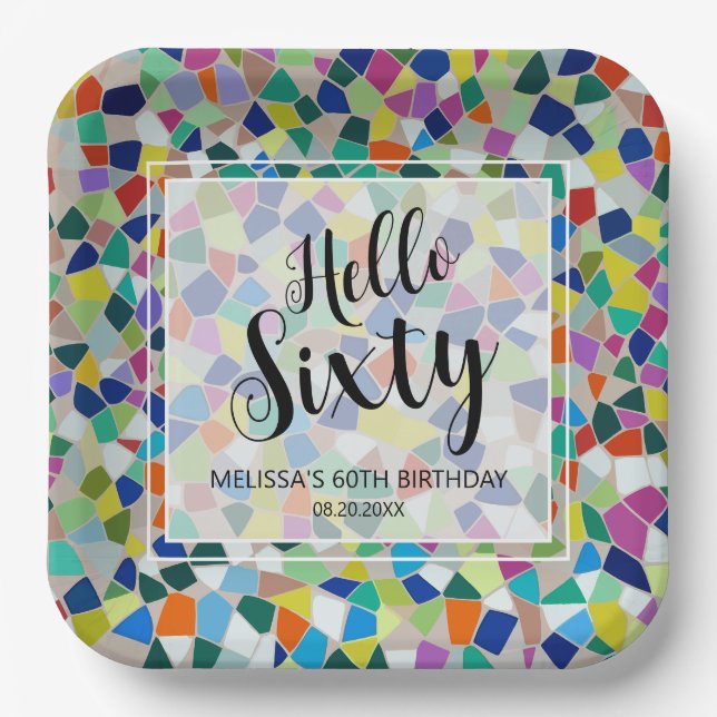 Stylish Colourful Mosaic Hello Sixty 60th Birthday Paper Plate (Front)