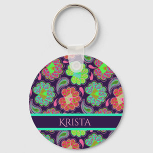 Stylish Colourful Paisley with Personalised Name Key Ring