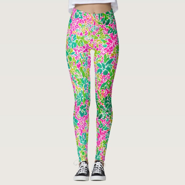 Stylish Colourful Pink Floral Botanical Watercolor Leggings (Front)