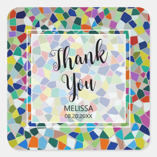 Stylish Colourful Rainbow Mosaic Thank You Square Sticker (Front)