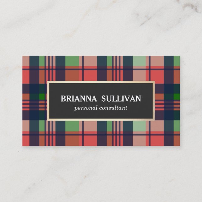 Stylish Colourful Red, Green and Navy Plaid Patter Business Card (Front)