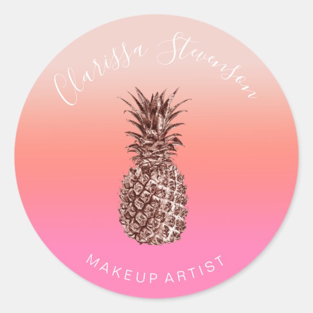 Stylish colourful rose gold pineapple pink makeup classic round sticker (Front)
