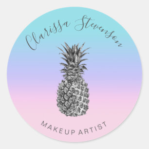 Stylish colourful silver pineapple pink makeup classic round sticker