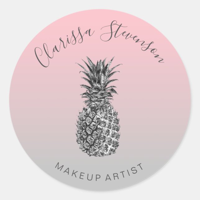 Stylish colourful silver pineapple pink makeup classic round sticker (Front)