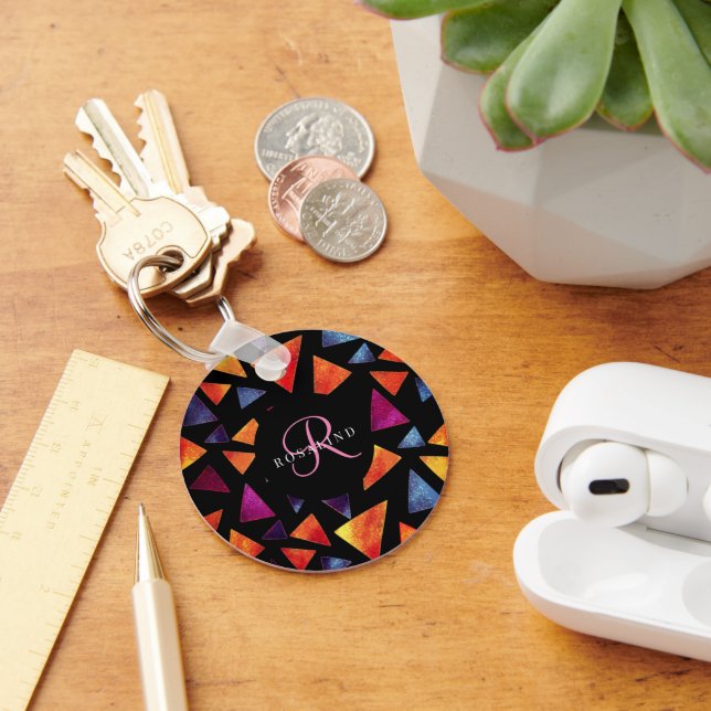 Stylish Colourful Triangles Pattern Monogrammed Key Ring (Desk)