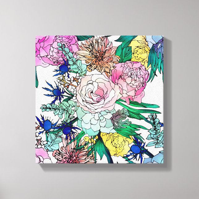 Stylish Colourful Watercolor Floral Pattern Canvas Print (Front)