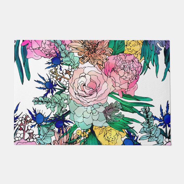 Stylish Colourful Watercolor Floral Pattern Doormat (Front)