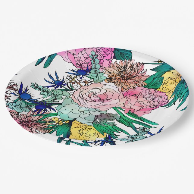 Stylish Colourful Watercolor Floral Pattern Paper Plate (Angled)