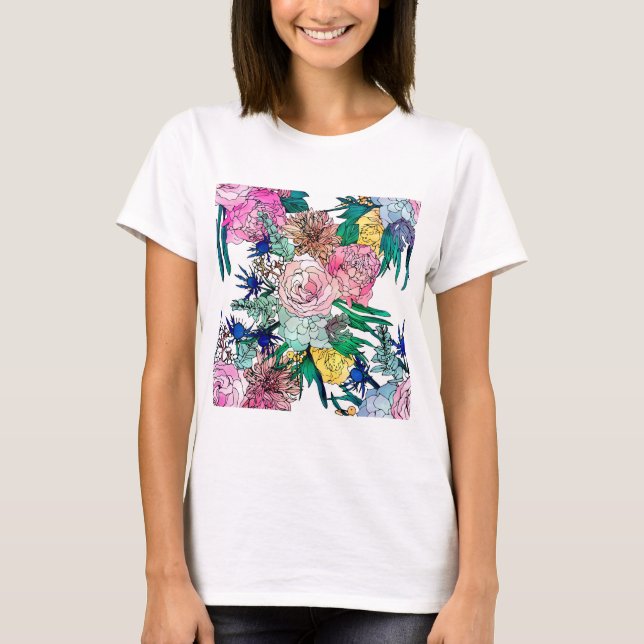 Stylish Colourful Watercolor Floral Pattern T-Shirt (Front)