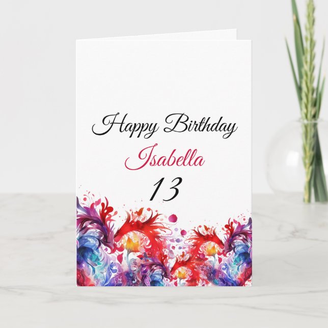 Stylish Colourful Watercolor Hearts 13th Birthday Card (Front)