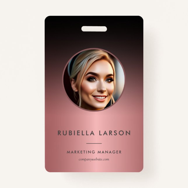 Stylish Company name ID photo QR Black Rose Gold ID Badge (Front)