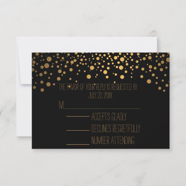 Stylish Confetti Gold Dots | Black RSVP Card (Front)