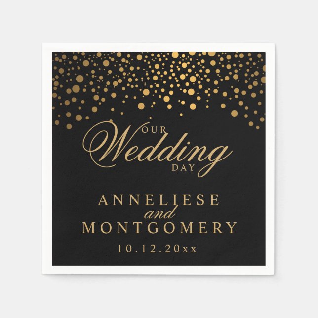 Stylish Confetti Gold Dots on Black - Wedding Day Napkin (Front)