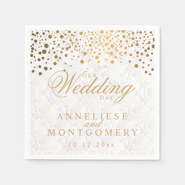 Stylish Confetti Gold Dots Our Wedding Day Napkin (Front)