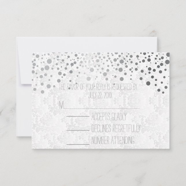 Stylish Confetti Silver Dots | White RSVP Card (Front)