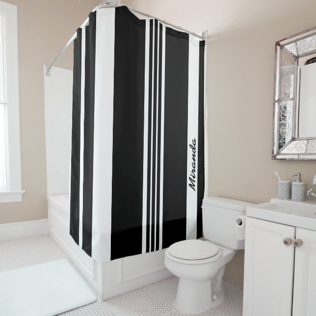 Stylish contemporary black striped design shower curtain (In Situ)
