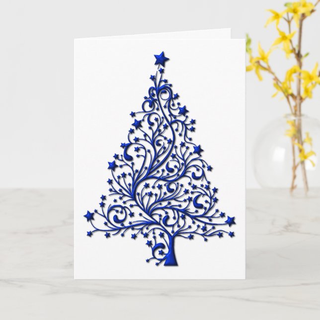 Stylish Contemporary Elegant Blue Tree Christmas Card (Yellow Flower)