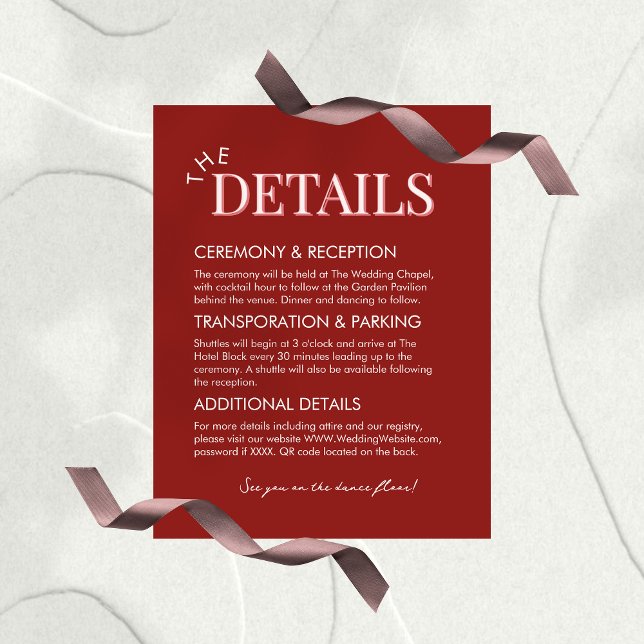 Stylish Contemporary Pink and Red Details QR Enclosure Card (Invite guests to your big day in style with this Stylish Contemporary Pink and Red Details Card!)
