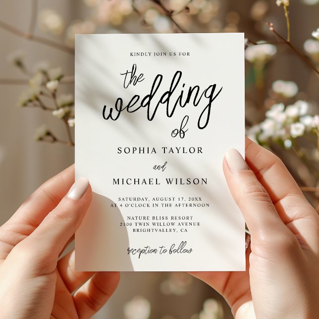 Stylish Contemporary Script Black White Wedding Invitation (Creator Uploaded)