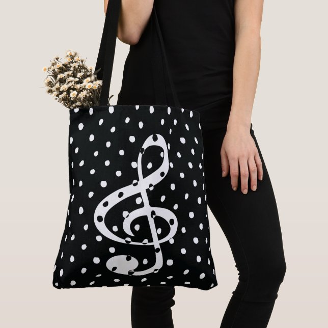 Stylish contemporary treble clef polka dots tote bag (Close Up)