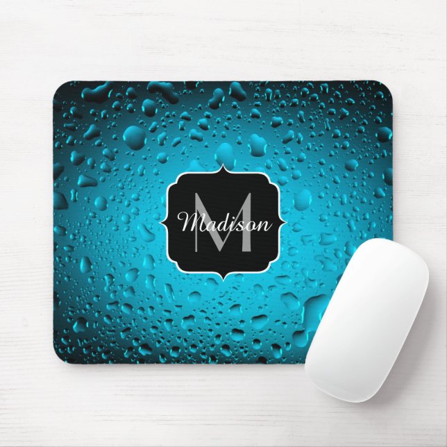 Stylish Cool Blue water drops Monogram Mouse Mat (With Mouse)