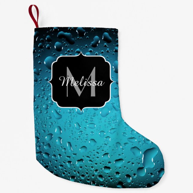 Stylish Cool Blue water drops Monogram Small Christmas Stocking (Front)