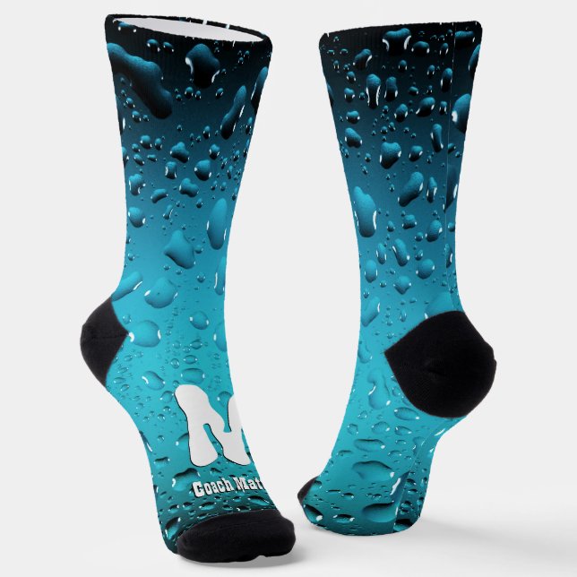 Stylish Cool Blue water drops Swim Coach Monogram Socks (Angled)