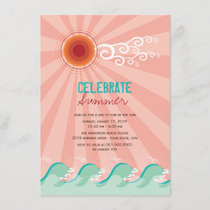 Stylish Cool Waves Pink Sun Summer Party Invite