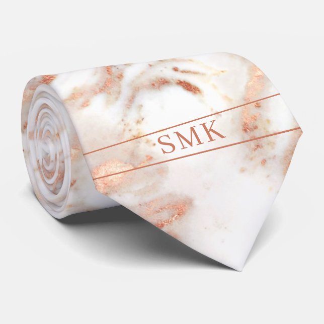 Stylish Copper Rose Gold Foil Marble Monogram Tie (Rolled)