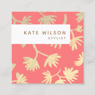 Stylish Coral Gold Hand Drawn Floral Pattern Square Business Card