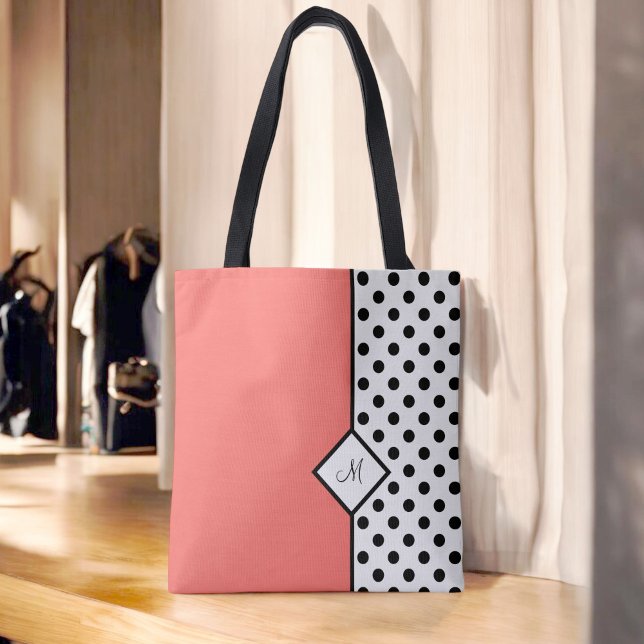 Stylish Coral with Black Polka Dots and Monogram Tote Bag (Personalize this stylish tote with your monogram initial.)