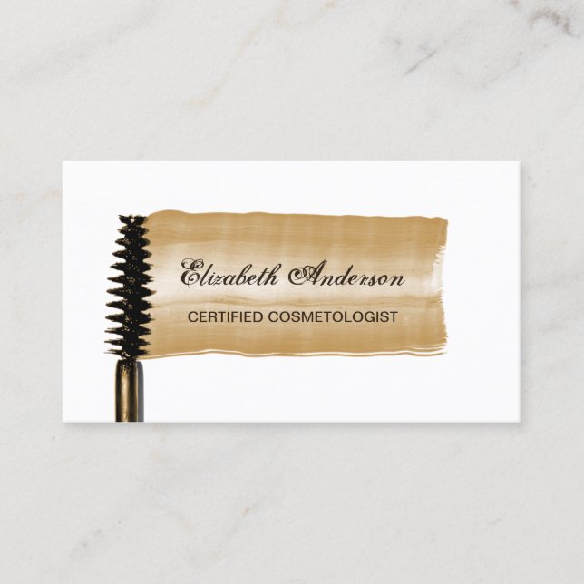 Stylish Cosmetologist Elegant Gold Mascara Brush Business Card (Front)