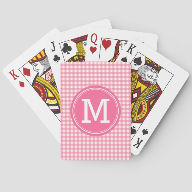 Stylish Country Gingham Pink Monogram Playing Cards (Back)