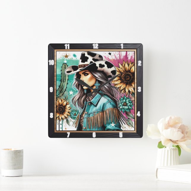 Stylish Cowgirl Illustration Floral Western Themes Square Wall Clock (Home)