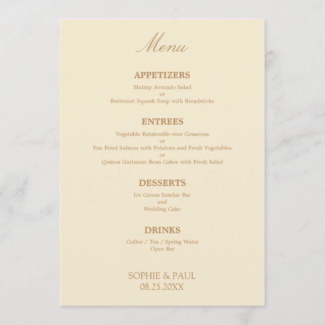 Stylish Cream Beige Wedding Menu (Front)