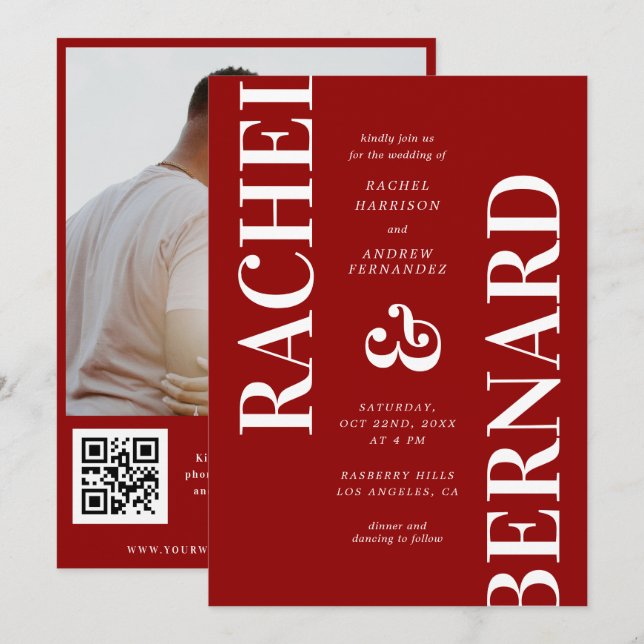 Stylish Crimson Red Typography QR Code Wedding Invitation (Front/Back)
