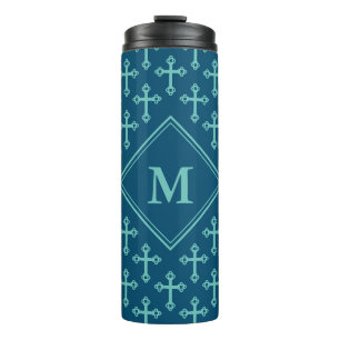 Stylish CROSS Monogram Ocean Blue Teal Thermal Tumbler