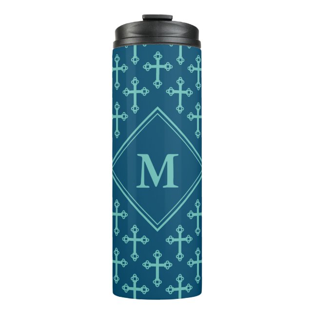 Stylish CROSS Monogram Ocean Blue Teal Thermal Tumbler (Front)