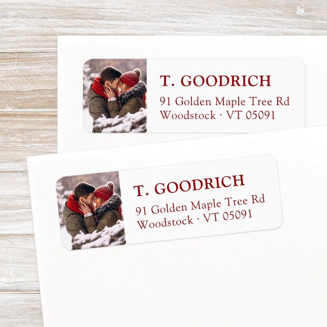 Stylish Custom Christmas Photo Red Return Address (Simple, elegant custom photo Christmas return address label template with red classic typography.)